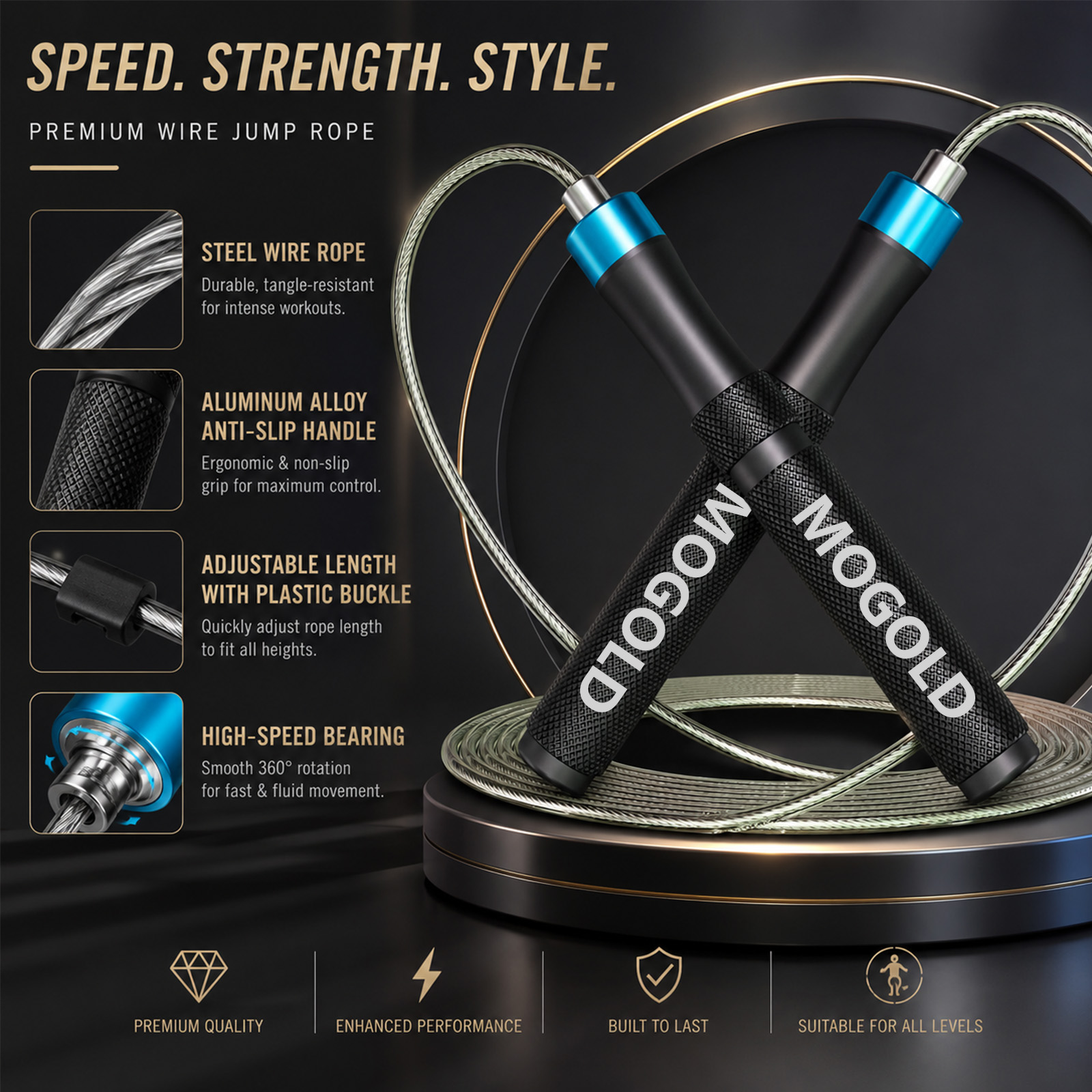 Jump Rope Bearing - MOGOLD Professioneel snelheidsspringtouw met metalen handgrepen,
